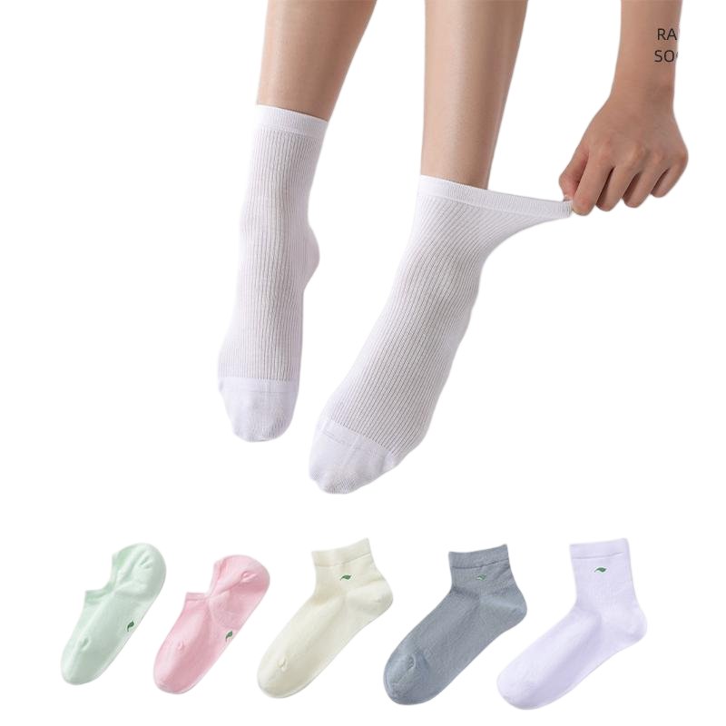 Ramie blend women's socks on foot and laid flat — mint green, pink, cream, gray, white
